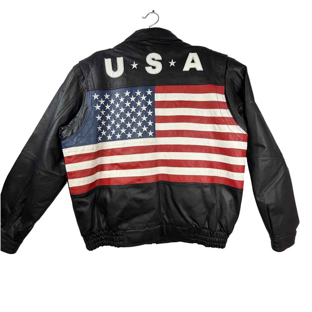 Wilda New York Mens XXL Black Leather Bomber Jacket USA American Flag biker